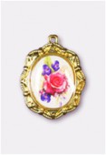 19x16mm Bouquet Of Mix Flowers Oval Medal Enamel On Gold Tone Base x1